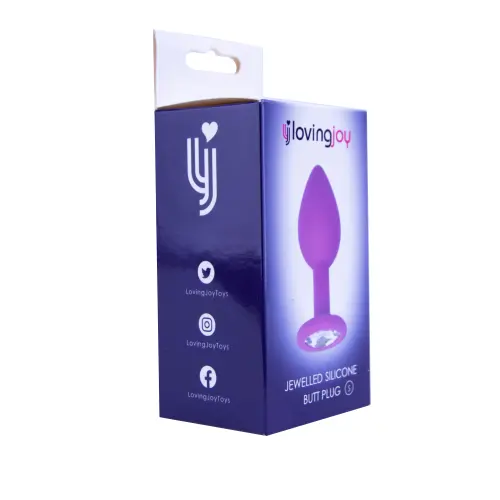 loving joy jewelled silicone butt-plug purple small boxed side